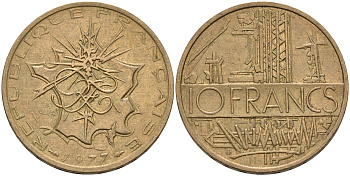 Франция 10 франков 1977 тип Матье KM 940, Le Franc 365.9-10 никель латунь 4599-1024