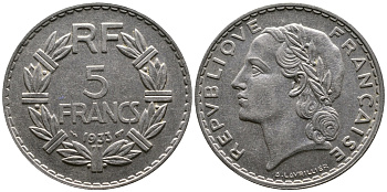Франция 5 франков 1933 KM 888, Le Franc 336 никель 4112-443