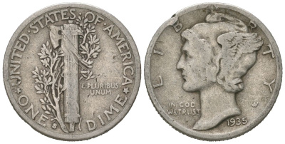 США 10 центов (дайм) 1935 S KM 140 серебро 3334-1146
