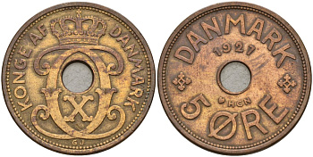 Дания 5 эре 1927 HCN, Кристиан X (1912-1947) KM 828 бронза 4148-214