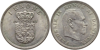 Дания 1 крона 1963 C;S, Фредерик IX (1947-1972) KM 851 медно-никель 4398-1016