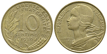 Франция 10 сантимов 1980 тип Марианна КМ 929, LE FRANC 144.20 алюминиевая бронза 3461-222