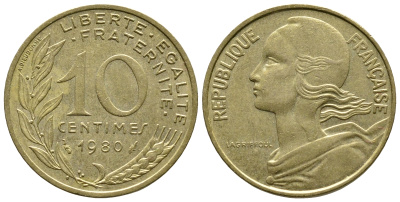 Франция 10 сантимов 1980 тип Марианна КМ 929, LE FRANC 144.20 алюминиевая бронза 3461-222