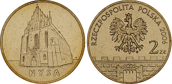 Польша 2 злотых 2006 MW, серия польские города, Ныса (Nysa) KM 570 нордик UNC 4676-425