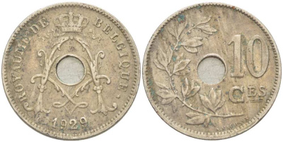 БЕЛЬГИЯ 10 САНТИМОВ 1929 BELGIQUE KM 85.1 медно-никель 217-124