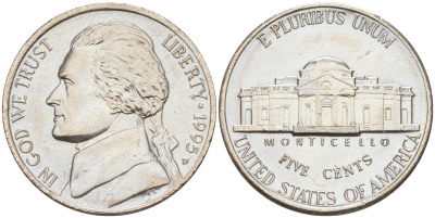 США 5 ЦЕНТОВ 1995 D, ДЖЕФФЕРСОН KM A192 медно-никель 190-141