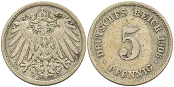 ГЕРМАНИЯ 5 ПФЕННИГОВ 1906 E KM 11, J. 12, Weege 6 медно-никель 206-945