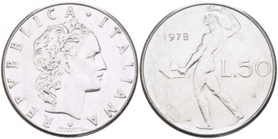 Италия 50 лир 1978 R, бог огня Вулкан у наковальни KM 95.1 нержавеющая сталь 3718-431