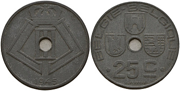 Бельгия 25 сантимов 1945 Belgie-Belgique, Леопольд III (1934-1947), германская оккупация KM 132 цинк 4157-642