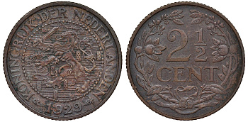 Нидерланды 2 1/2 цента 1929 Вильгельмина (1890-1948) KM 150 бронза 4681-737