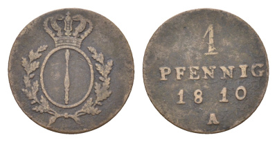 Пруссия 1 пфенниг 1810 A, Фридрих Вильгельм III (1797-1840) KM 390 медь 4655-649