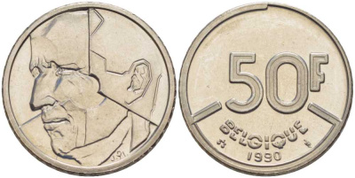 БЕЛЬГИЯ 50 ФРАНКОВ 1990 BELGIQUE, БОДУЭН I (1951-1993) KM 168 никель 4401-445