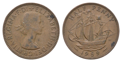 Великобритания 1/2 пенни 1959 Елизавета II (1952-2022) KM 896, Spink 4158 бронза 4662-1147
