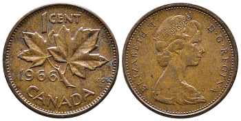 Канада 1 цент 1966 Елизавета II (1952-2022), кленовый лист KM 59.1 бронза 4679-611
