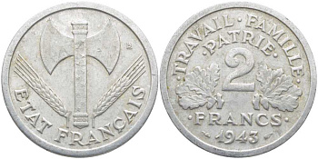Франция 2 франка 1943 правительство Виши KM 904.1, LE FRANC 270.2 алюминий 4112-615