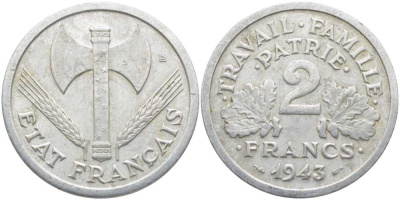 Франция 2 франка 1943 правительство Виши KM 904.1, LE FRANC 270.2 алюминий 4112-615