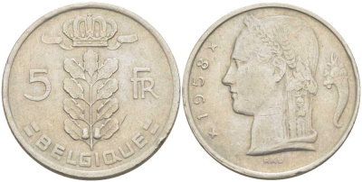 БЕЛЬГИЯ 5 ФРАНКОВ 1958 BELGIQUE, БОДУЭН I (1951-1993) KM 134.1 медно-никель 213-551