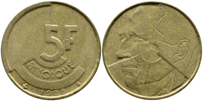 БЕЛЬГИЯ 5 ФРАНКОВ 1986 BELGIQUE KM 163 латунь или алюминиевая бронза 4388-1223