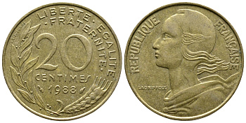 Франция 20 сантимов 1988 тип Марианна KM 930 медь алюминий никель 3461-241