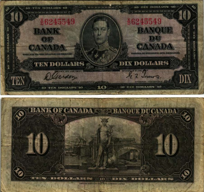 КАНАДА 10 ДОЛЛАРОВ 1937 ГЕОРГ VI, ПОДПИСЬ GORDON-TOWERS, BABNC Pick 61b бумага 451-256-1