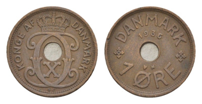 Дания 1 эре 1936 N, Кристиан X (1912-1947) KM 826 бронза 4639-713