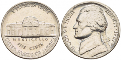 США 5 ЦЕНТОВ 1987 P ДЖЕФЕРСОН KM А192 медно-никель 4546-1215