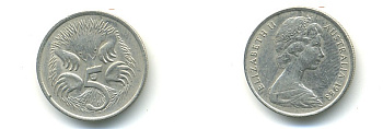 Австралия 5 центов 1988 Елизавета II (1952-2022), ехидна KM 80 медно-никель 56-434
