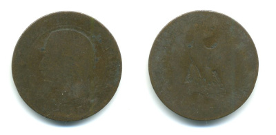 Франция 5 сантимов 1855 A, Наполеон III (1852-1870) KM 777.1, Le Franc 116.16 бронза 23-1324