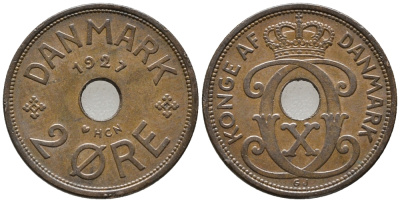 ДАНИЯ 2 ЭРЕ 1927 NCN; GJ, КРИСТИАН X (1912-1947) KM 827.2 бронза 67-151