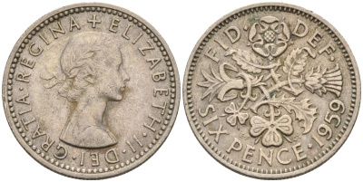Великобритания 6 пенсов 1959 Елизавета II (1952-2022) KM 903, Spink 4149 медно-никель 4115-731