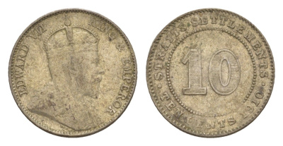 Стрейтс-Сетлментс (Стрейтс Сетлментс) 10 центов 1910 Эдуард VII (1901-1910) KM 21a серебро 1519-1142
