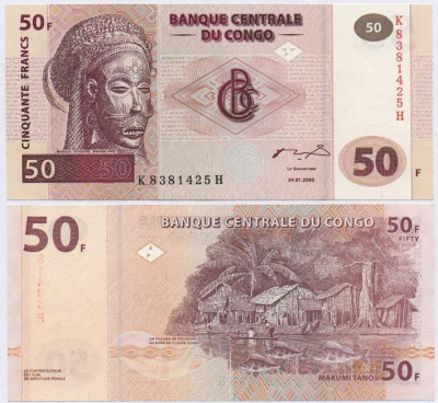 ДР Конго 50 франков 2000 маска, рыбаки Pick 91 бумага UNC (пресс) 448-66-1