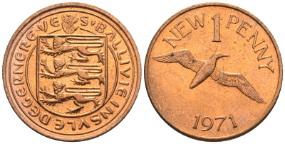 Гернси 1 пенc 1971 Елизавета II (1952-2022), северная олуша в полете KM 21 бронза  UNC  220-1219