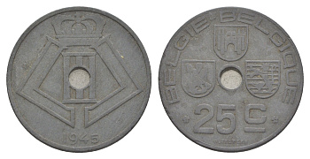 Бельгия 25 сантимов 1945 Belgie-Belgique, Леопольд III (1934-1947), германская оккупация KM 132 цинк 4619-847