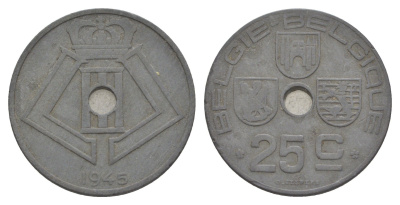 Бельгия 25 сантимов 1945 Belgie-Belgique, Леопольд III (1934-1947), германская оккупация KM 132 цинк 4619-847