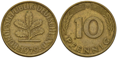 ФРГ 10 пфеннигов 1979 D KM 108, J. 383 сталь плакированная латунью 4603-1136