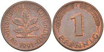 ФРГ 1 ПФЕННИГ 1991 F KM 105, J.380 сталь плакированная медью 75-432