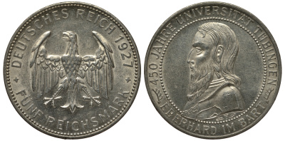 Германия 5 марок 1927 F, 450 лет Университету Тюбингена J.329, KM 55 серебро UNC 10-016-22