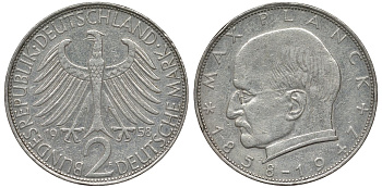 ФРГ 2 марки 1958 F, Макс Планк KM 116, J. 392 медно-никель плакированный никелем 4681-641