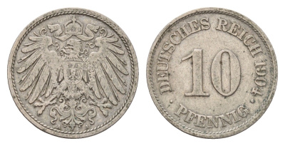 Германия 10 пфеннигов 1904 A KM 12, Jager 13, Weege 8 медно-никель 4152-628