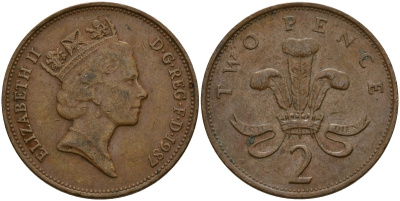 Великобритания 2 пенса 1987 Елизавета II (1952-2022) KM 936, Spink 4376 (C3) бронза 4156-523