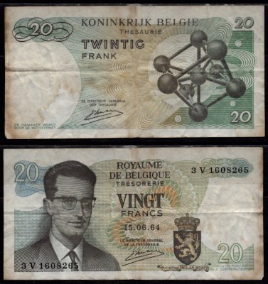 Бельгия 20 франков 1964 Бодуэн I; Атомиум, Брюссель Pick 138 (3) бумага 7548-119-2-1