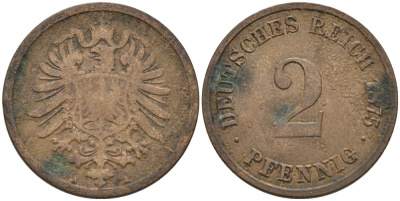 Германия 2 пфеннига 1875 A, старогербовка KM 2, J. 2 медь 4575-626