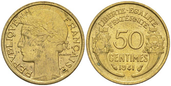 Франция 50 сантимов 1941 тип Морлон KM 894.1, Le Franc 192.18 алюминиевая бронза 44-414