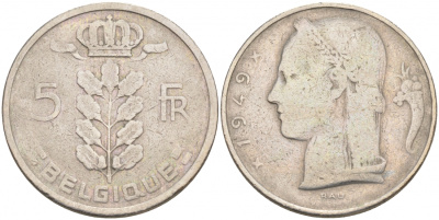 Бельгия 5 франков 1949 Леопольд III (1934-1950), Belgique KM 134.1 медно-никель 68-641