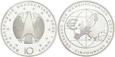 ФРГ 10 евро 2002 F, введение европейской валюты KM 215, DE.S. 10.1 серебро PROOF 02-251-11