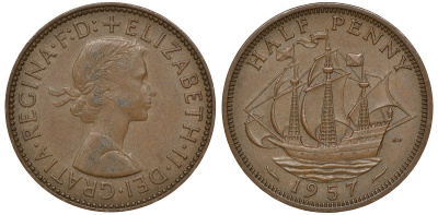 Великобритания 1/2 пенни 1957 Елизавета II (1952-2022) KM 896, Spink 4158 бронза 4163-611