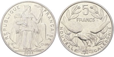 Новая Каледония 5 франков 2003 KM 16 алюминий UNC 4367-521