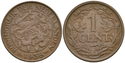 Нидерланды 1 цент 1938 Королева Вильгельмина (1890 - 1948) KM 152 бронза 4169-452