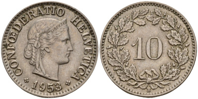Швейцария 10 раппенов 1953 B KM 27 медно-никель 4189-347